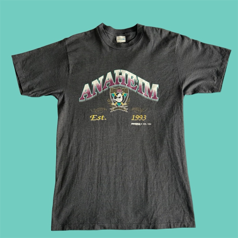 Vintage 90s Trench Anaheim Mighty Ducks Graphic Short Sleeve Pin Stripe Large